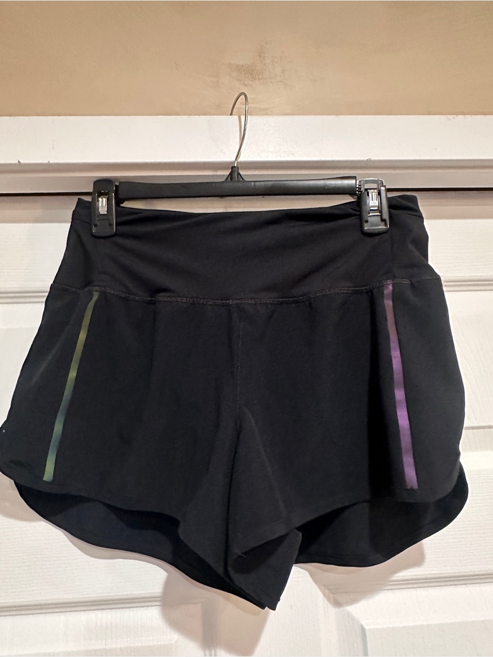 Spyder Black Athletic Shorts with Iridescent Green and Purple Side Stripes